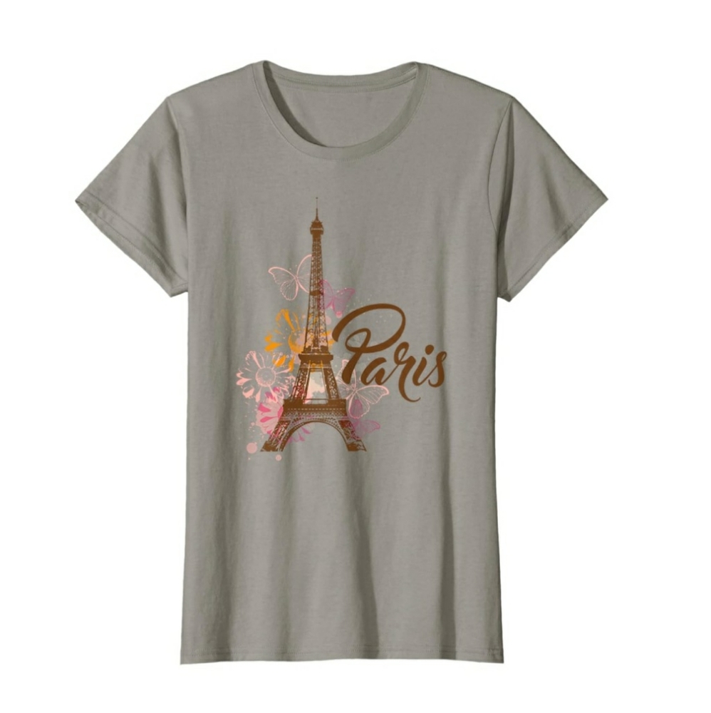 Sold! Womens Paris Travel Floral Butterfly Graphic Print Tshirt, Medium, Gray - Picture 2 of 5
